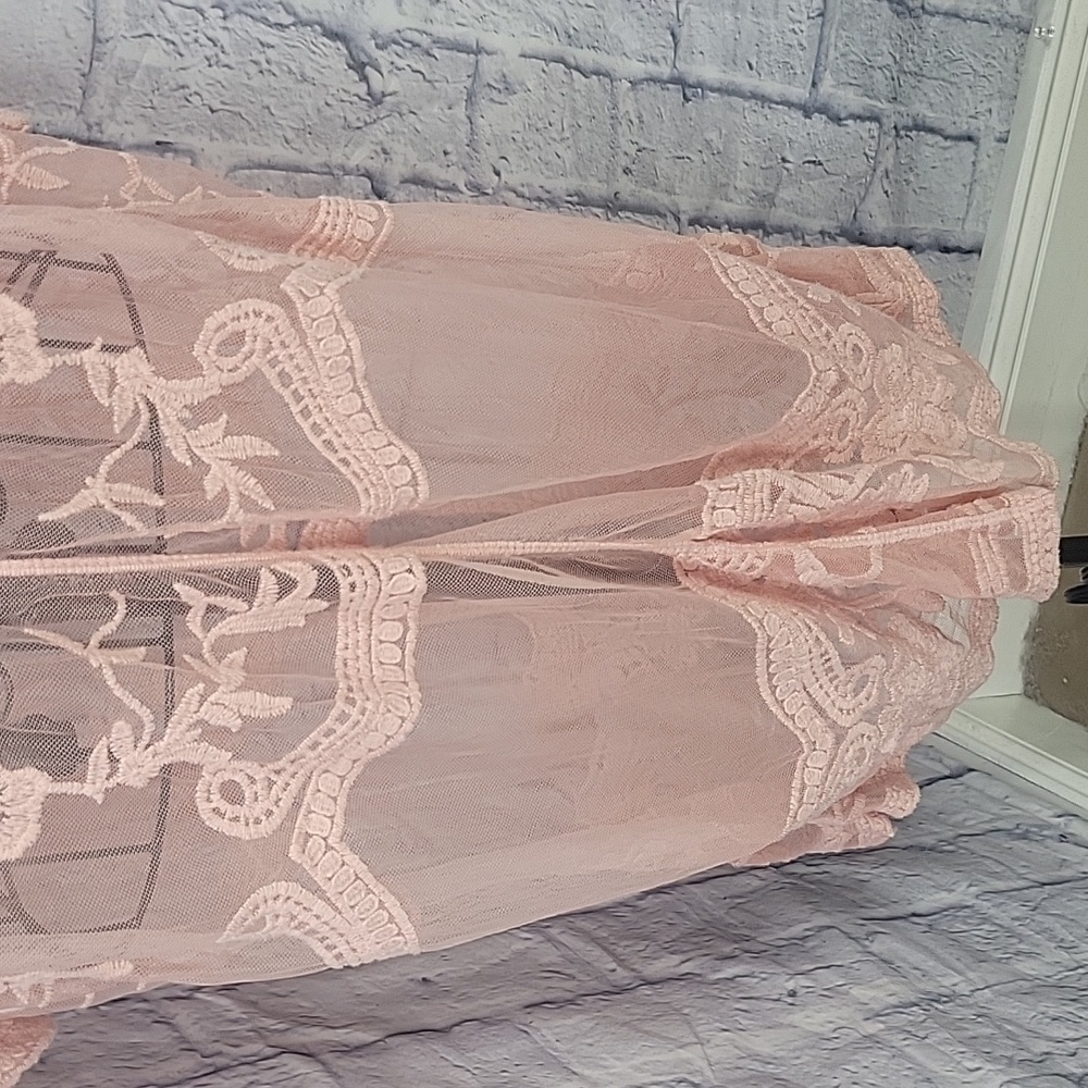 UNBRANDED Pink Lace Long 3/4 Sleeves Kimono Chest 40" Length 44" - Picture 9 of 10